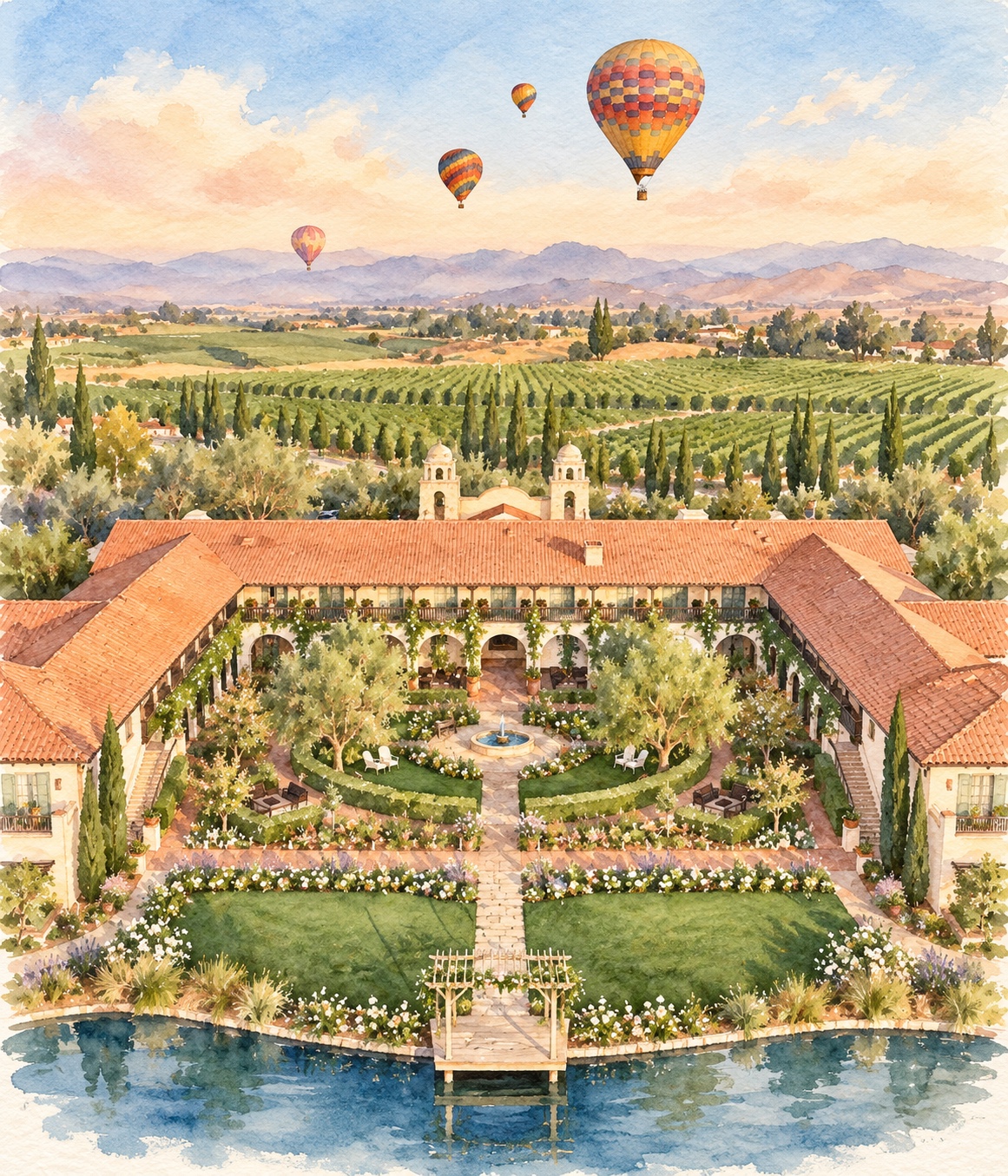 Watercolor aerial view of vineyards with hot-air balloons