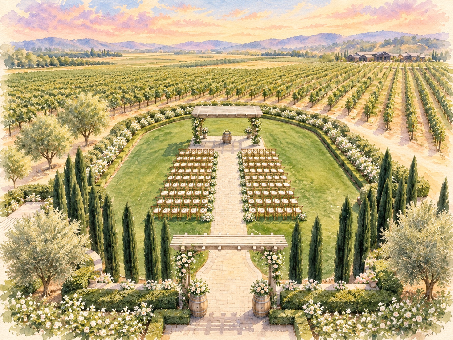 Watercolor view of a wedding ceremony garden surrounded by vineyards