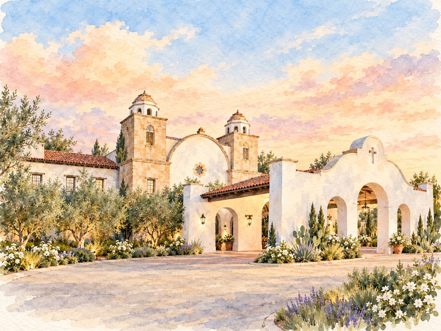 Watercolor of a Spanish-style estate at Ponte