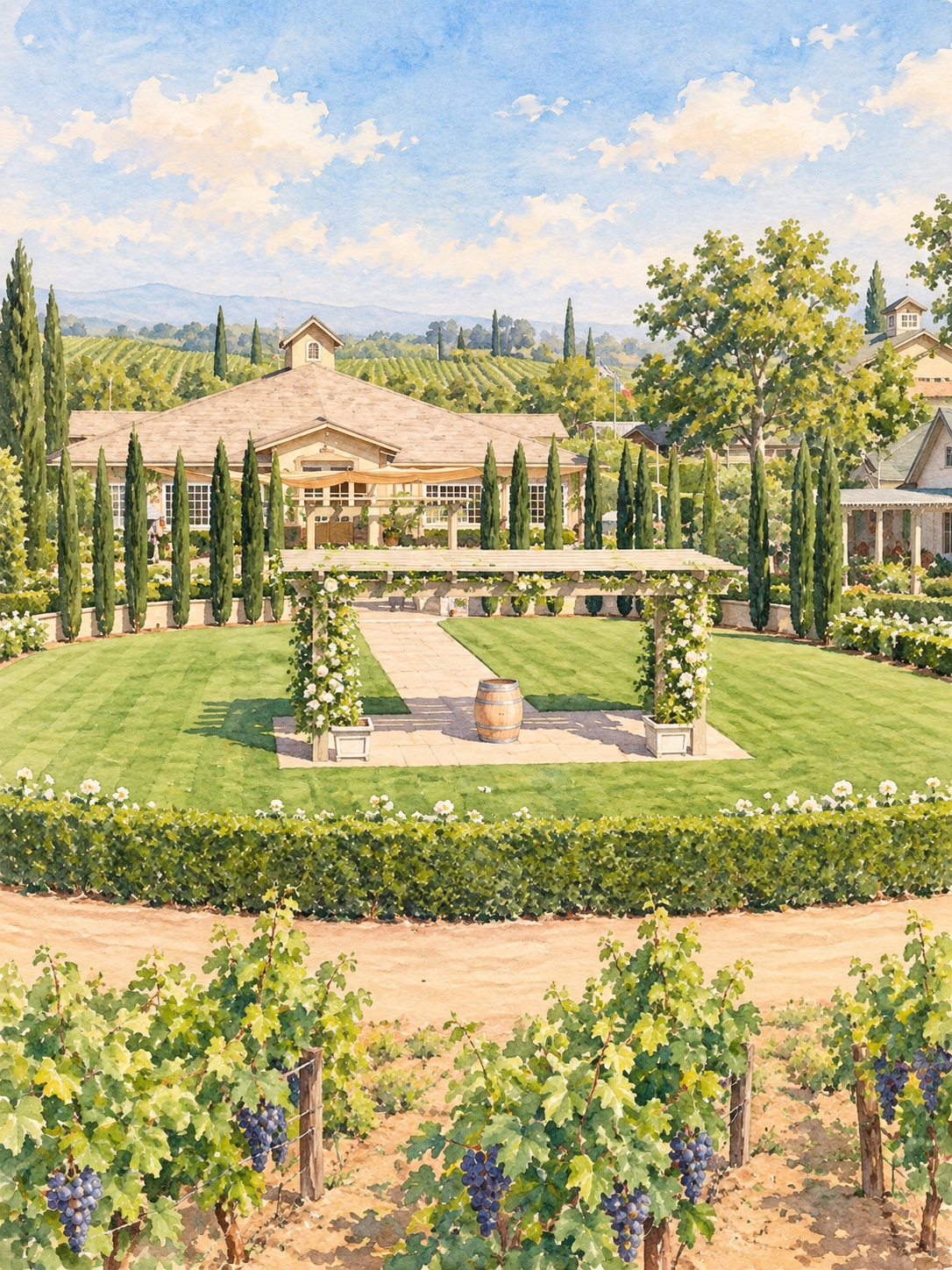 Watercolor view across the vineyard toward the Ponte garden