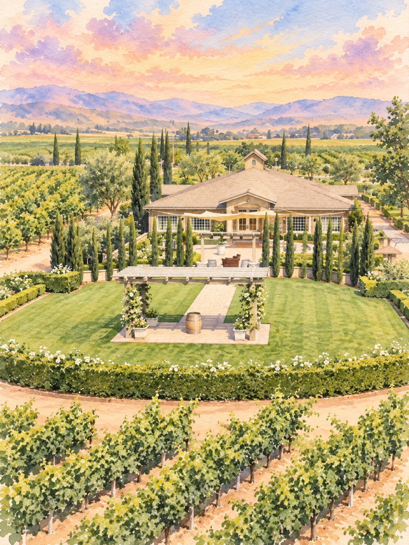 Aerial watercolor of the gardens