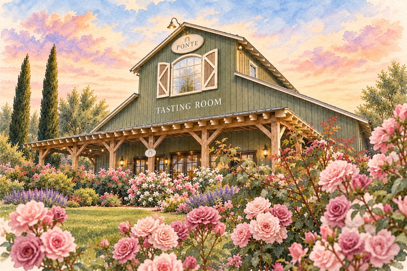 Watercolor of the tasting room among roses